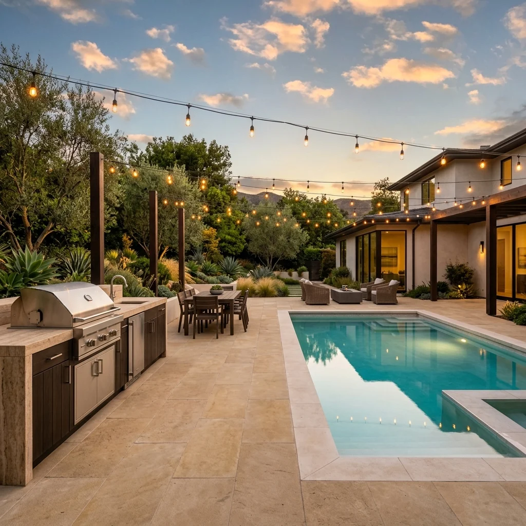 Luxury backyard remodel with custom outdoor kitchen and swimming pool