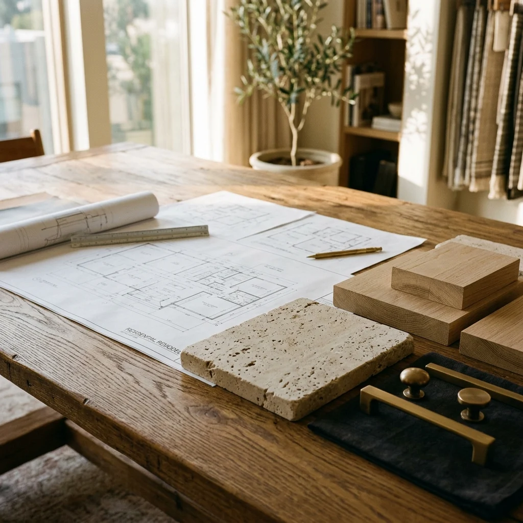 Architectural drawings and material samples on a design-build worktable