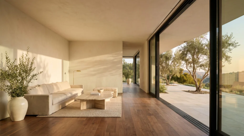 Modern California kitchen remodel with travertine waterfall island — Master in Design, Tarzana CA
