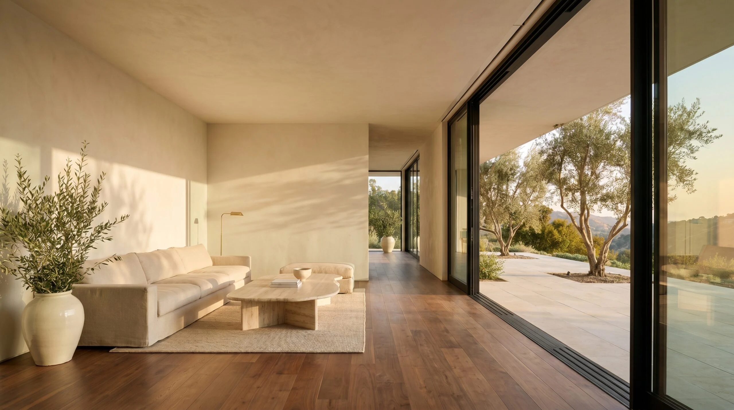 Modern California kitchen remodel with travertine waterfall island — Master in Design, Tarzana CA