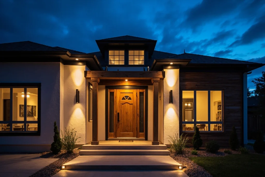 Front Facade Remodeling in Tarzana — Master in Design Dusk Facade Lit — Master in Design, Tarzana
